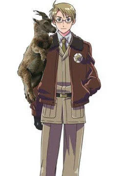 I Crave That Mineral — An anime-style illustration of a male character in a brown varsity jacket carrying a mountain goat, appearing to be Hetalia fan art.