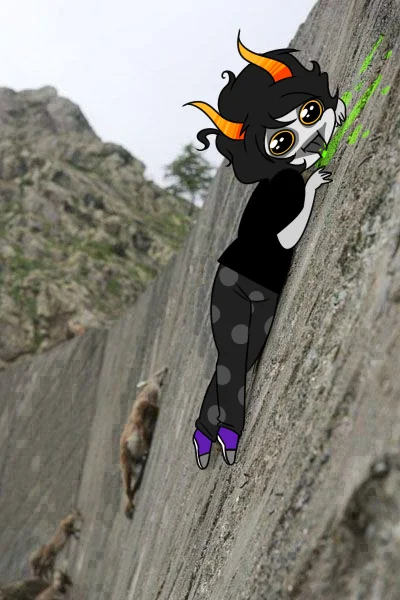 I Crave That Mineral — The mineral dam photograph with a Homestuck troll character composited onto the wall licking it, surrounded by smaller ibexes.