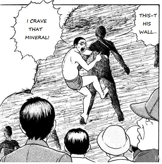 A black-and-white manga panel of a character clinging to a stone wall shouting 'I CRAVE THAT MINERAL!' while others watch below.