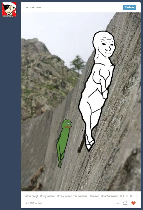 I Crave That Mineral — A Tumblr post showing Wojak and Pepe the Frog photoshopped clinging to a nearly vertical stone surface, with hashtags referencing the