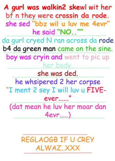 Colorful Tumblr text post of the 'I cri evrytiem' tragic love story