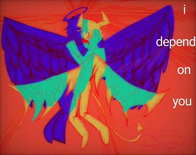 Fan art of angel and demon embracing with i depend on you text in blue and red colors