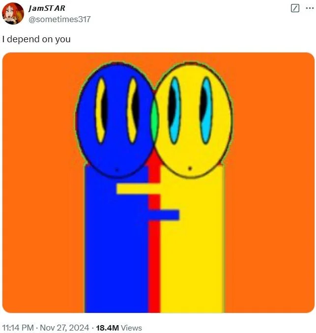Twitter post by JamSTAR captioned I depend on you with blue and yellow blob artwork