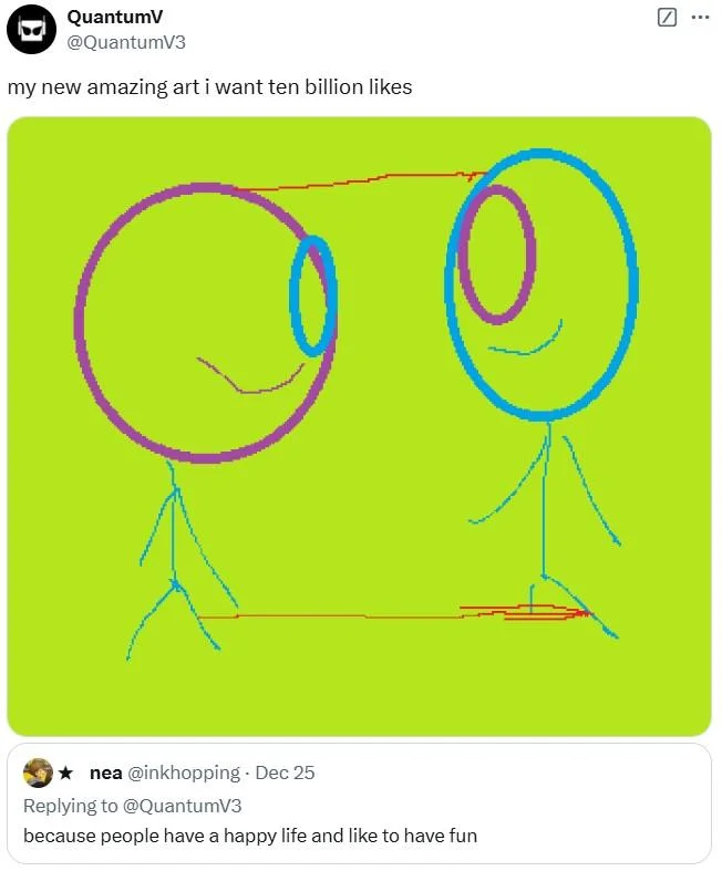 I Depend On You — Twitter parody drawing of two stick figures in purple and blue on green background