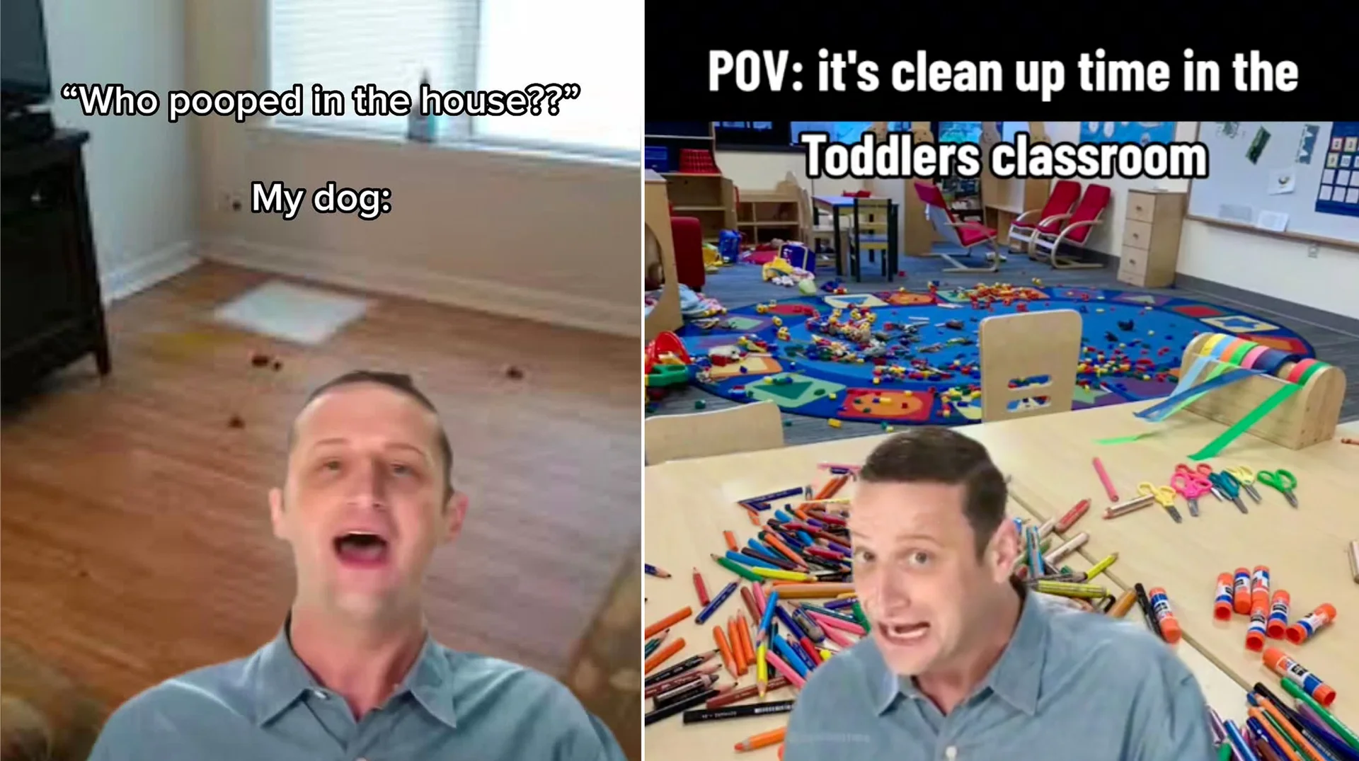 I Didn't Do Fucking Shit! I'm Not Worried About It! — Side-by-side meme of Tim Robinson looking guilty in a messy room and a toddler classroom, illustrating