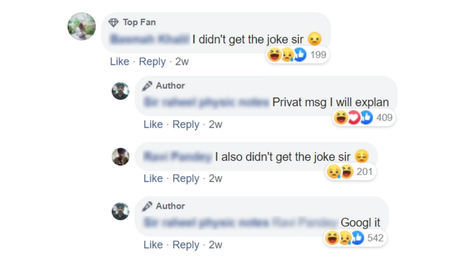 I Didn't Get the Joke, Sir — Facebook comment thread with blurred names where fans say they didn't get the joke and the author tells them to Google it