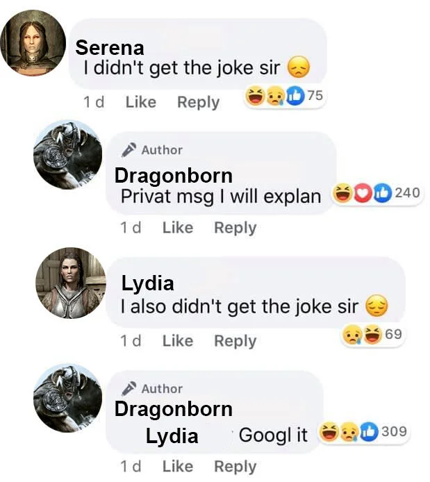 I Didn't Get the Joke, Sir — Skyrim characters Serena, the Dragonborn and Lydia as Facebook commenters not getting the joke