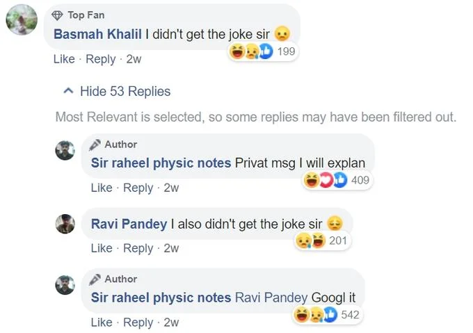 I Didn't Get the Joke, Sir — Unblurred Facebook comment thread with Basmah Khalil, Sir raheel physic notes and Ravi Pandey discussing a joke