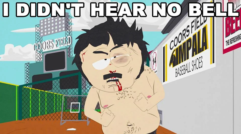 Bloodied cartoon Randy Marsh at Coors Field with top caption 'I didn't hear no bell'