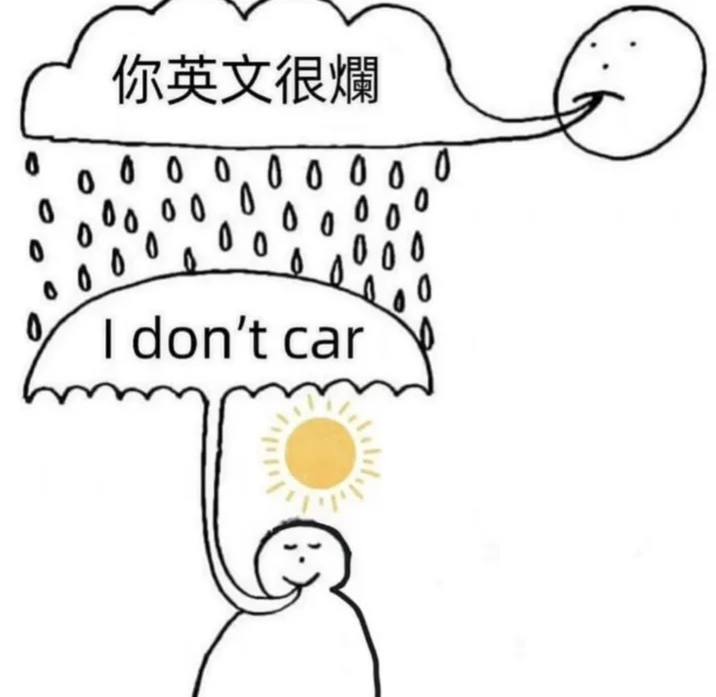 I Dont Car — Clean crop of the 'I don't car' umbrella cartoon with Chinese cloud text