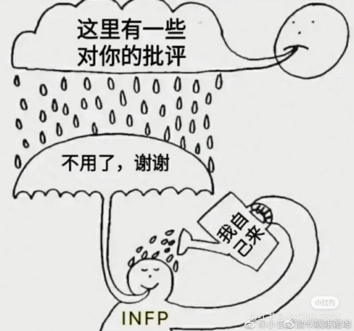 I Dont Car — Small blurry Chinese-language version of the umbrella cartoon labeled INFP