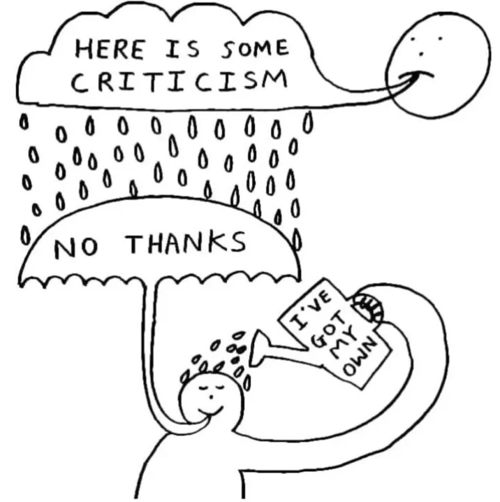 I Dont Car — Hand-drawn cartoon of a person with 'No Thanks' umbrella deflecting a cloud raining criticism