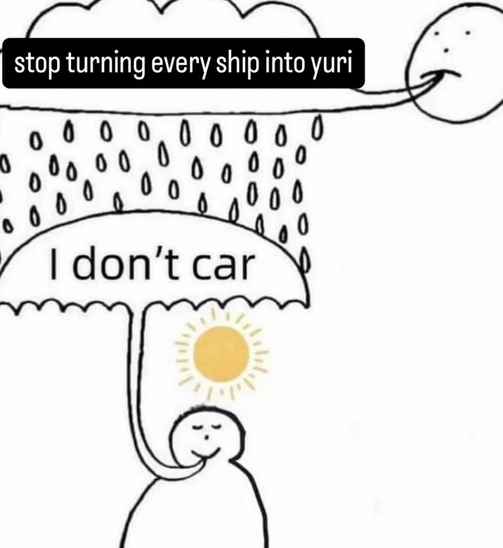I Dont Car — 'I don't car' meme edited with 'stop turning every ship into yuri' cloud caption