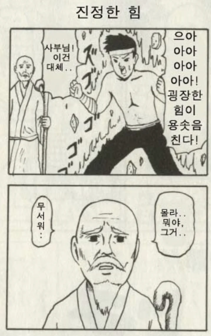 I Don't Know... That's Scary... — Korean translation of the 'True Power' manga, with the worried master's speech bubbles translated into Korean.