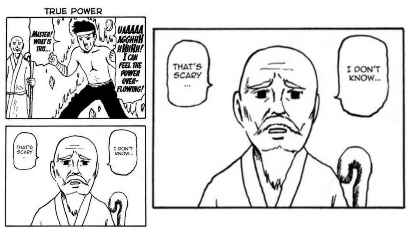 I Don't Know... That's Scary... — Manga panels titled 'True Power' showing a worried old master saying 'That's scary... I don't know...' in response to a