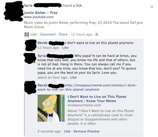 I Don't Want to Live on This Planet Anymore — Facebook thread showing the meme phrase used as a comment reply with Know Your Meme preview