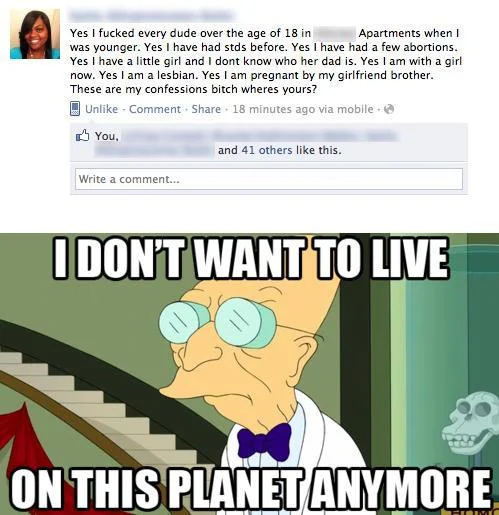 I Don't Want to Live on This Planet Anymore — Facebook confession post paired with Farnsworth reaction meme