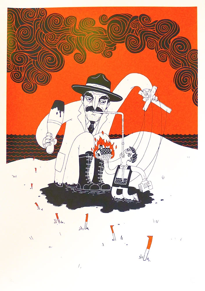 I Drink Your Milkshake! — Illustrated poster of Daniel Plainview drinking through a straw from a tiny figure's burning house