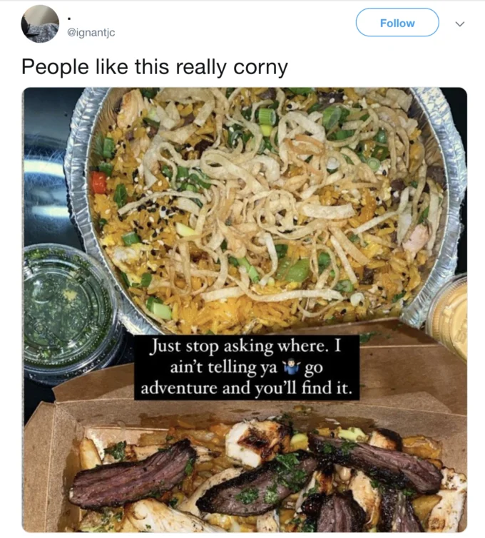 I Find Mfs Like You Really Interesting Bro I Dont Even Think U Really Hungry Like That Tbh Bro — Twitter post criticizing food gatekeepers with photos of food