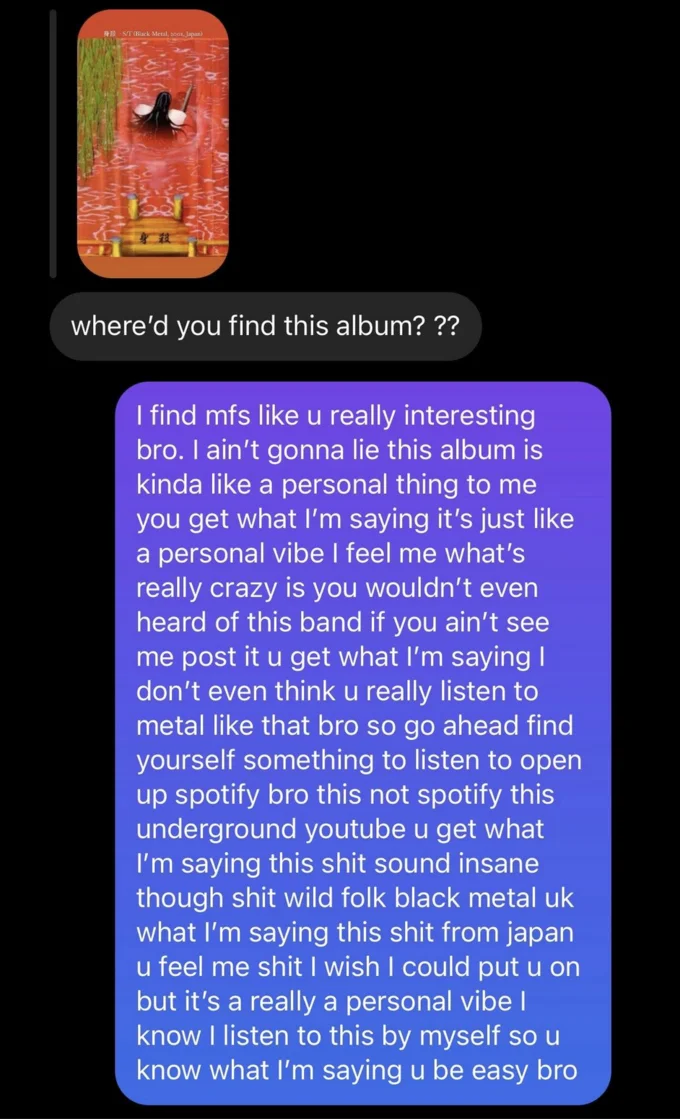 I Find Mfs Like You Really Interesting Bro I Dont Even Think U Really Hungry Like That Tbh Bro — Text message showing copypasta adapted for music gatekeeping