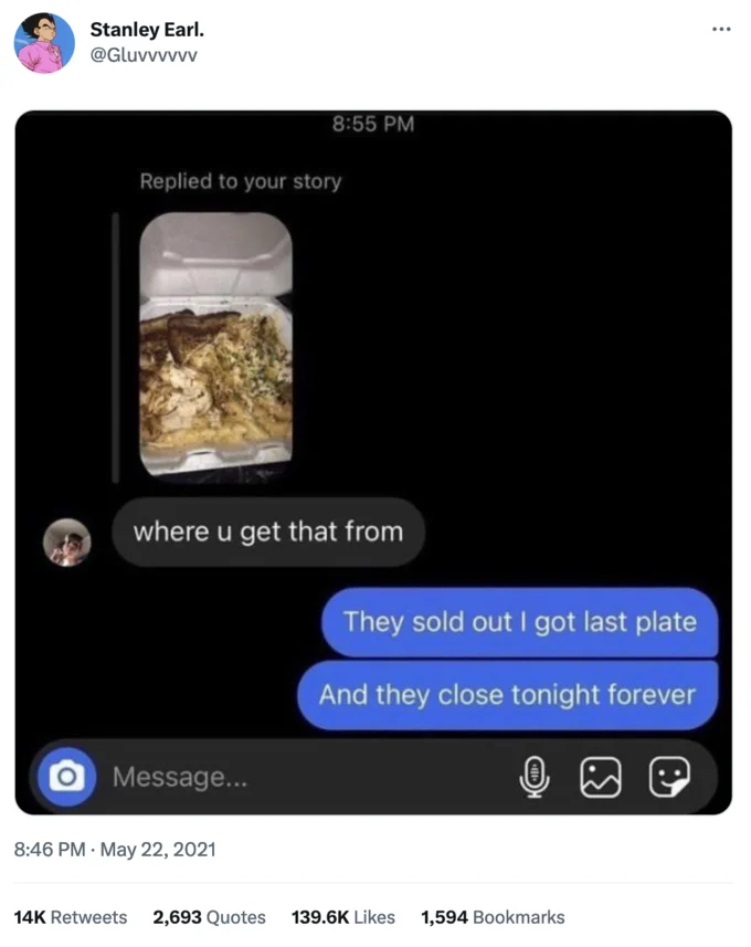 I Find Mfs Like You Really Interesting Bro I Dont Even Think U Really Hungry Like That Tbh Bro — Twitter post showing Instagram DM about food being sold out