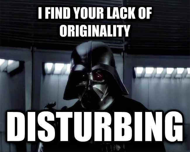 Darth Vader's "I Find Your Lack of Faith Disturbing" — Stormtrooper and Darth Vader cosplayers with 'lack of snacks' caption