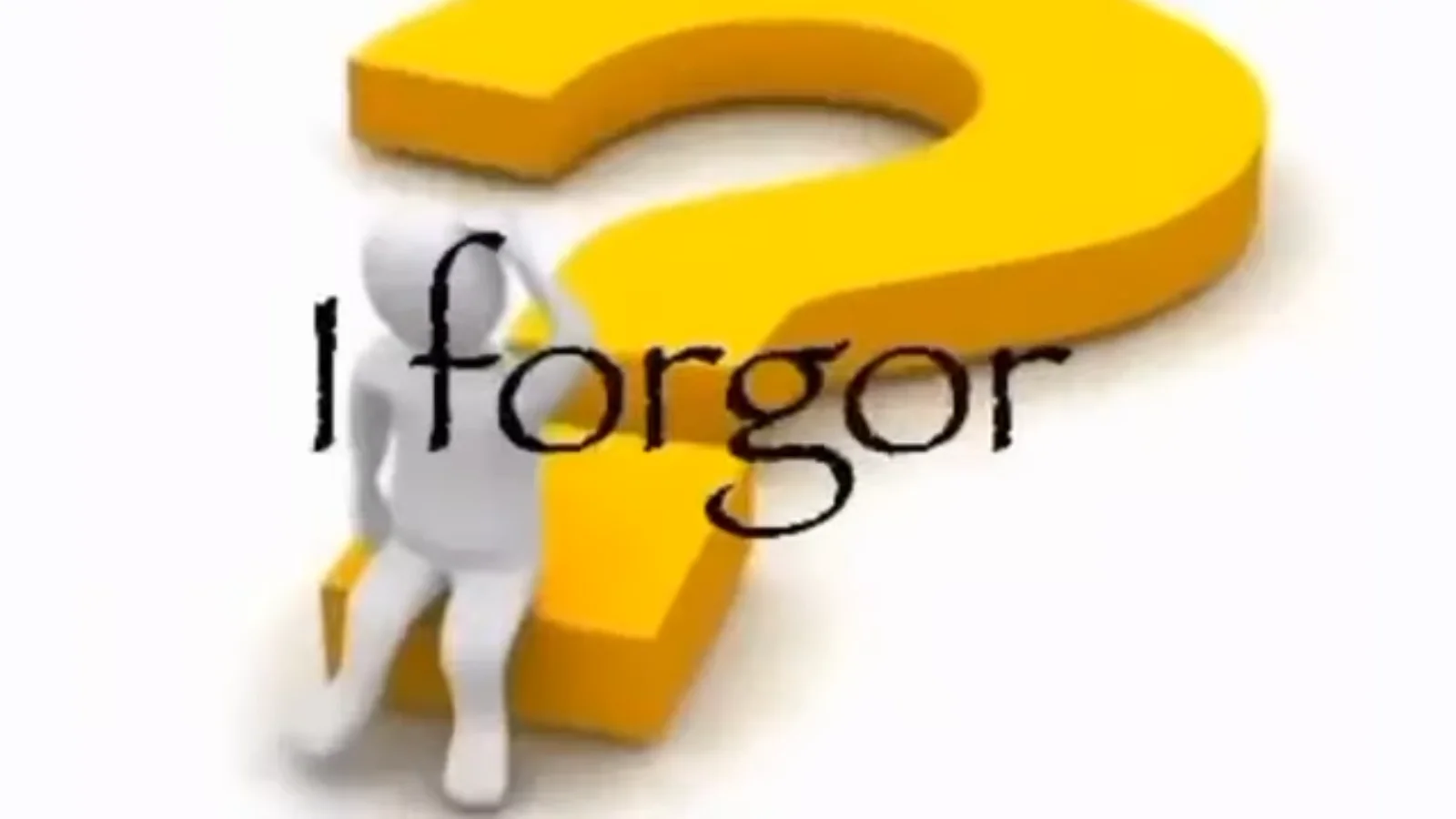 3D illustration of a white character figure leaning against a large yellow question mark with 'i forgor' text overlay.