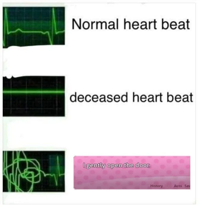 Heart-rate monitor meme with three panels ending in 'I gently open the door' caption