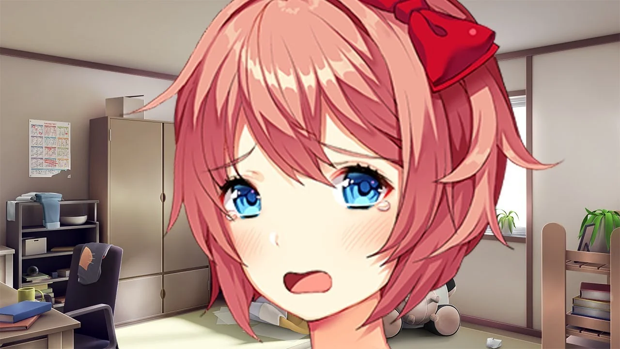 I Gently Open the Door — Anime girl Sayori crying with wide blue eyes in her bedroom from Doki Doki Literature Club