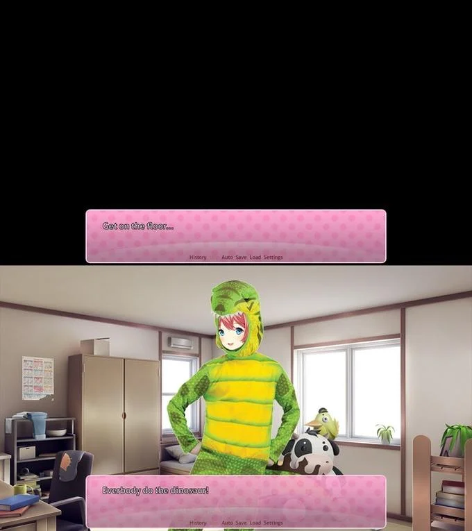 I Gently Open the Door — Sayori in a green dinosaur costume with caption 'Everybody do the dinosaur!'