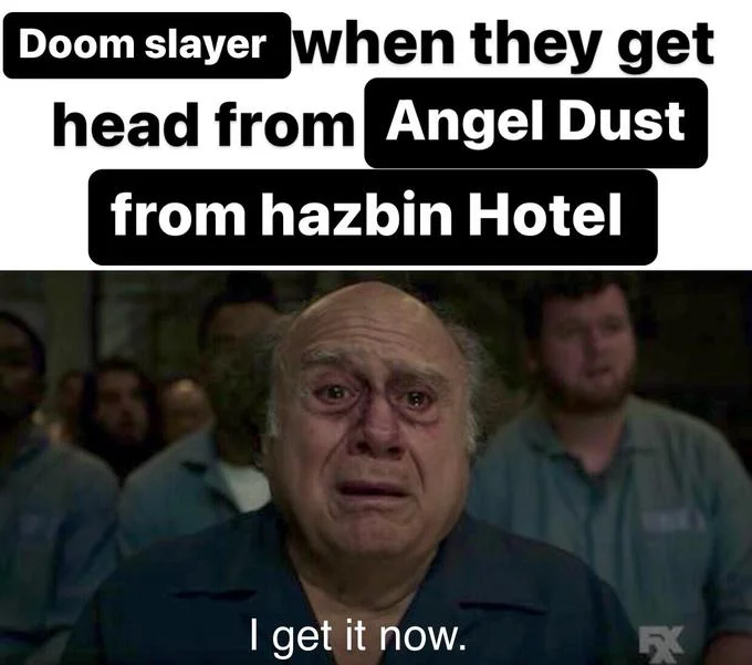 I Get It Now — Densely captioned meme with Frank Reynolds image and bold text boxes referencing Hazbin Hotel character relationships.