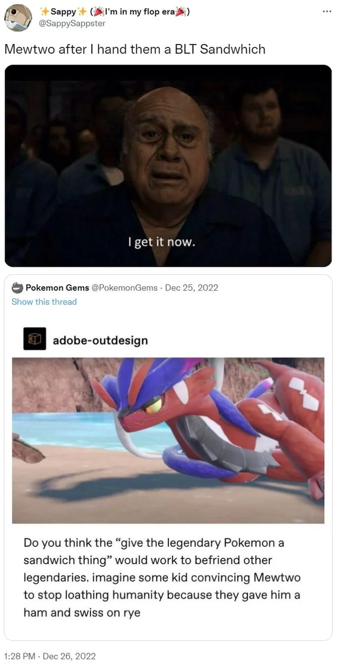 I Get It Now — Frank Reynolds reaction meme appearing as response in Twitter conversation about Pokémon gaming mechanics.