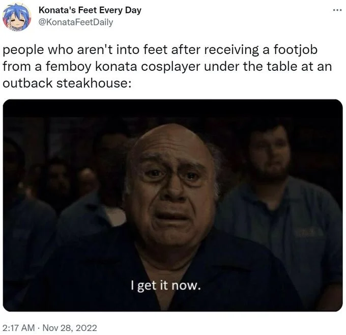 I Get It Now — A Twitter post applying Frank Reynolds meme to niche community appreciation and subculture interests.
