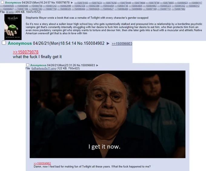 I Get It Now — A forum discussion thread showing Frank Reynolds meme used as reaction within conversation about Twilight fan fiction.