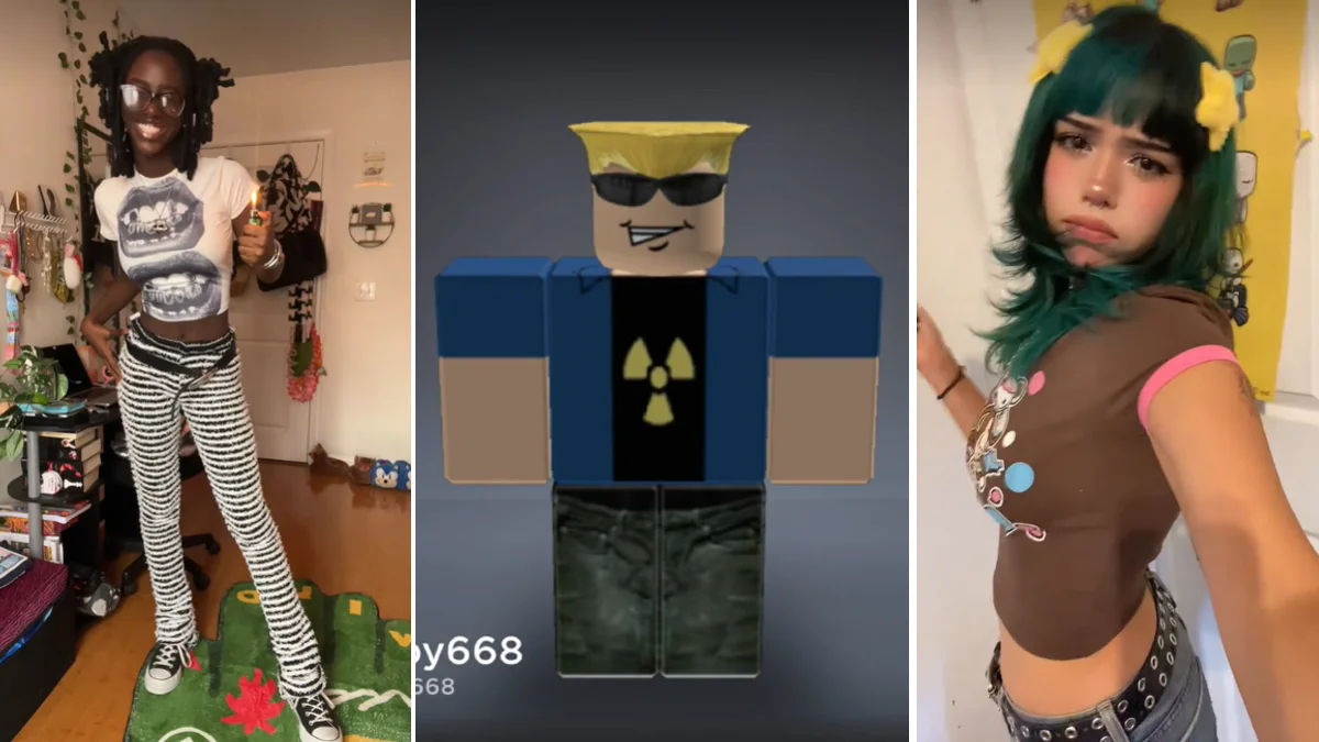 I Got Deported By Six — Three-panel collage with two TikTok users on the sides and a Johnny Bravo Roblox avatar in the center.