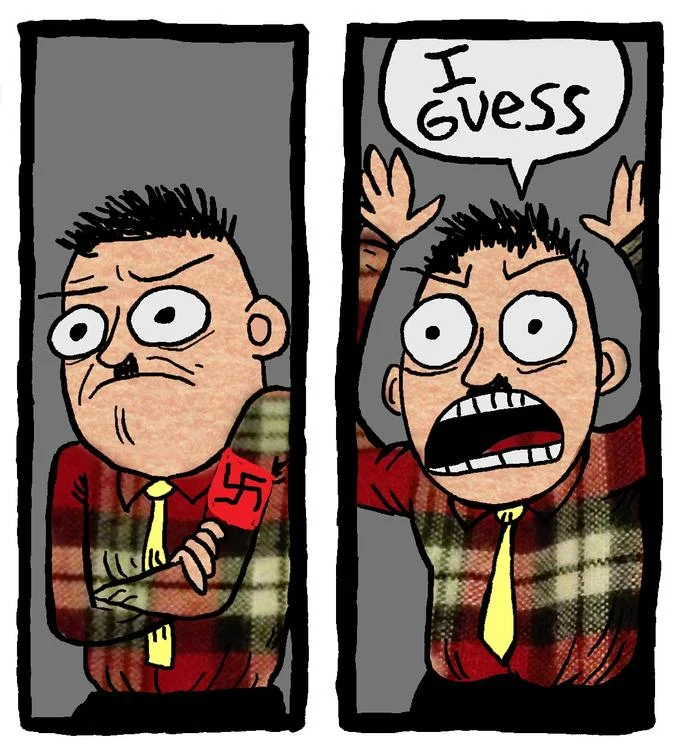 I Guess Guy — Colorized edit of the 'I Guess' comic featuring a character in plaid holding a swastika card