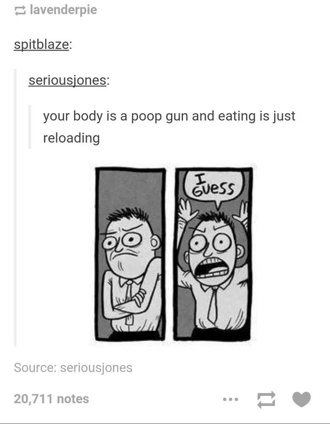 I Guess Guy — Tumblr post using the 'I Guess' comic to react to a joke about the body being a 'poop gun'