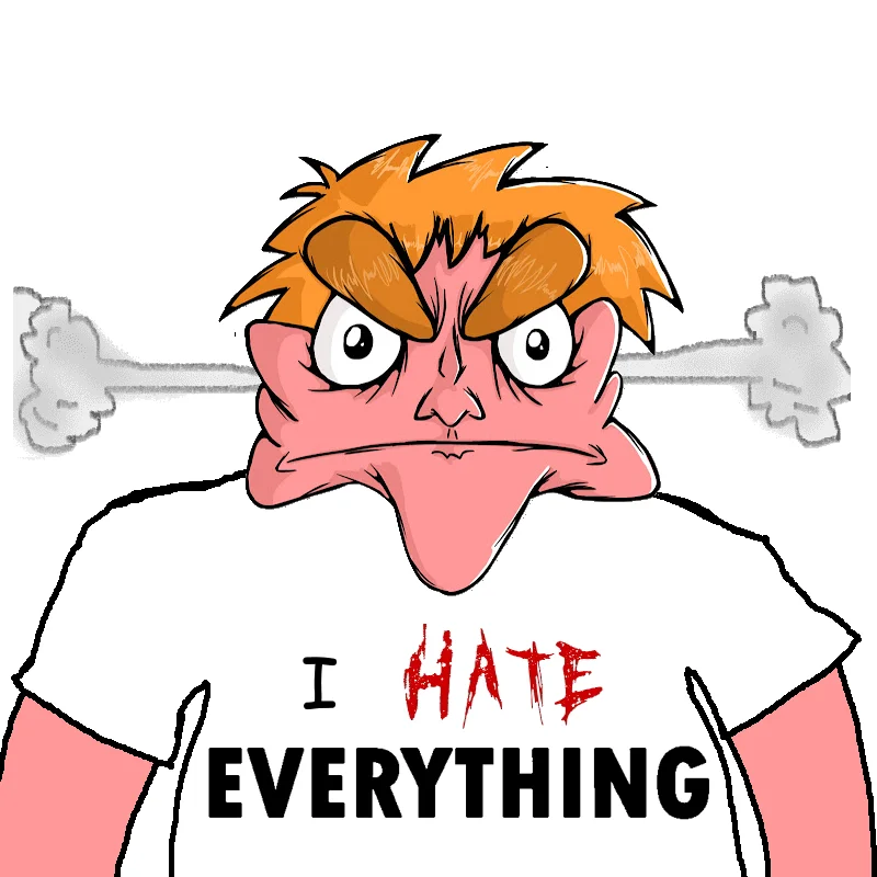 Angry cartoon character wearing 'I Hate Everything' shirt with steam from ears
