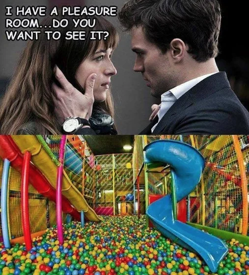 I Have a Pleasure Room — Pleasure room meme paired with a children's ball pit playground