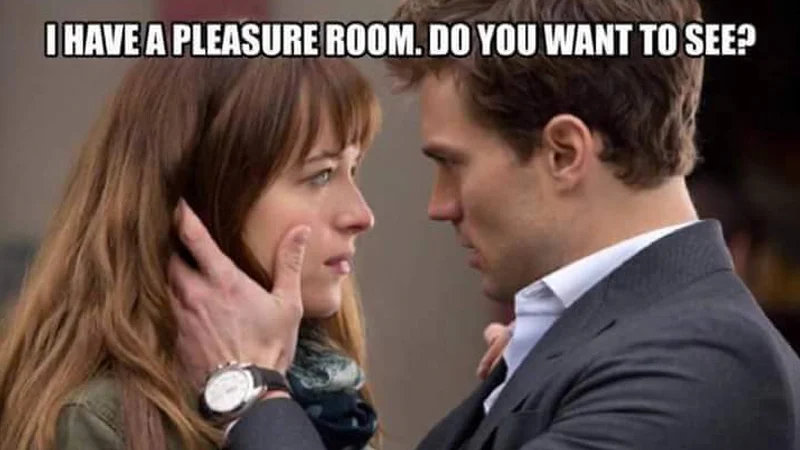 Fifty Shades of Grey scene with caption 'I have a pleasure room. Do you want to see?'