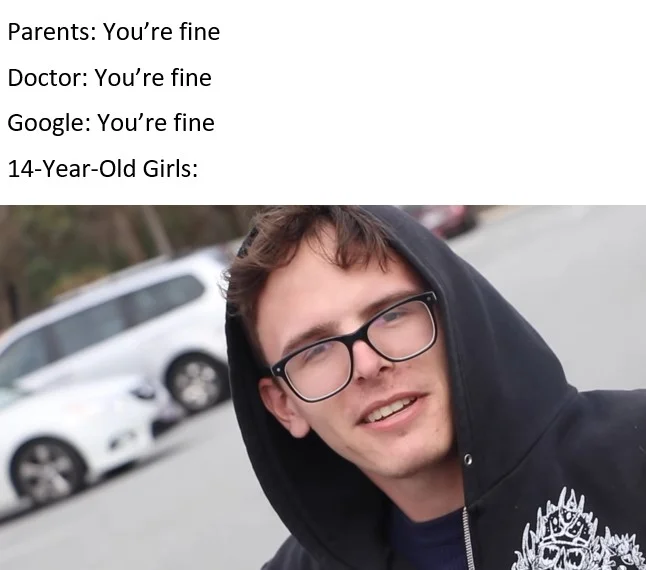I Have Crippling Depression — Text meme joking about teen self-diagnosis paired with the Filthy Frank crippling depression image