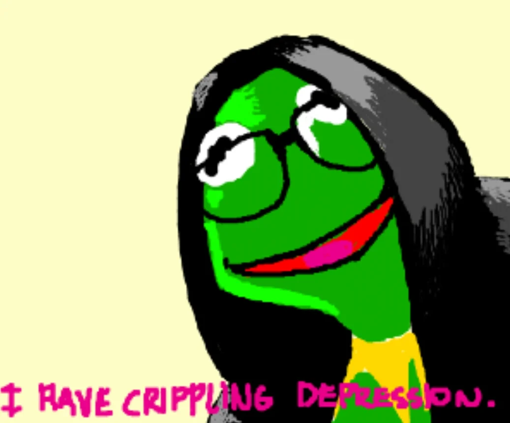 MS Paint drawing of Pepe the Frog dressed as Filthy Frank with caption 'I have crippling depression'