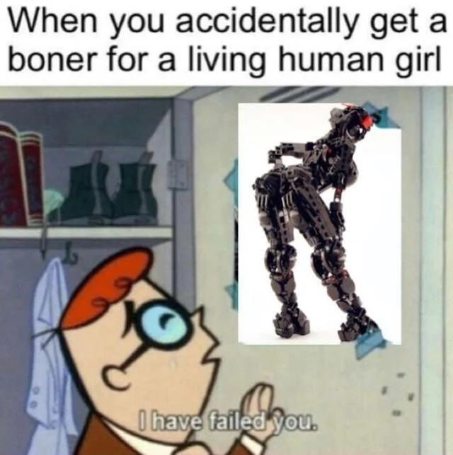 I Have Failed You — Dexter meme edit featuring a Bionicle figure image and caption about human girl attraction.