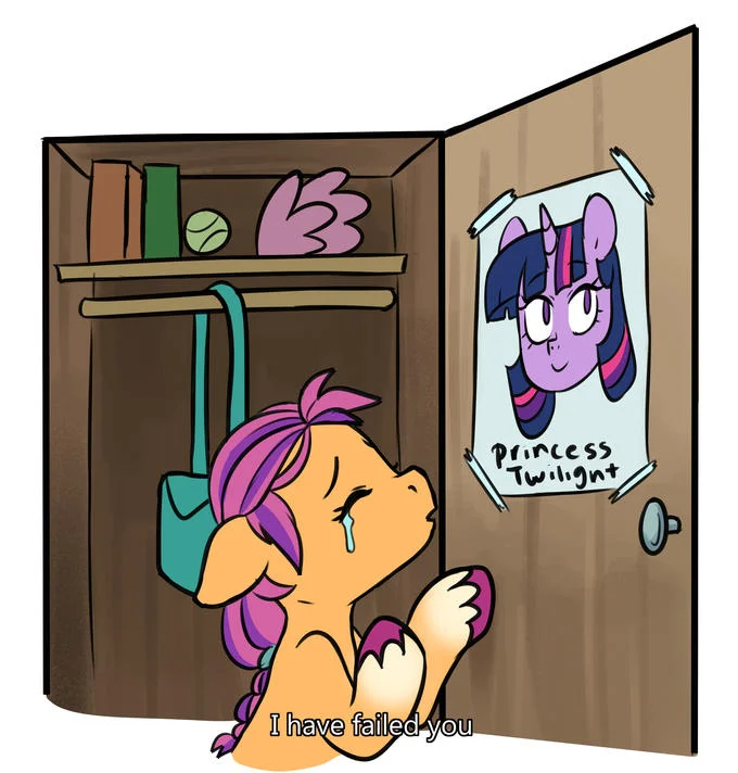 My Little Pony fan art of an orange pony crying before a Princess Twilight poster, captioned 'I have failed you.'
