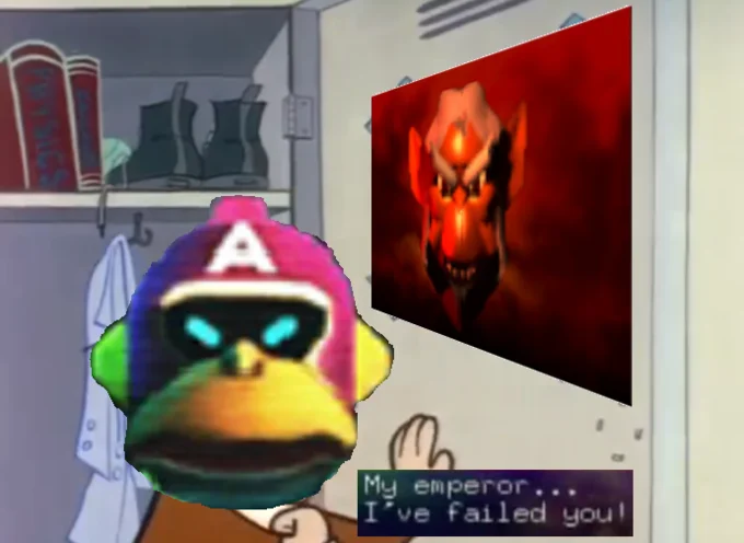 I Have Failed You — Star Fox meme edit with a Falco head replacing Dexter and a villain poster, captioned 'My emperor... I've failed you!'