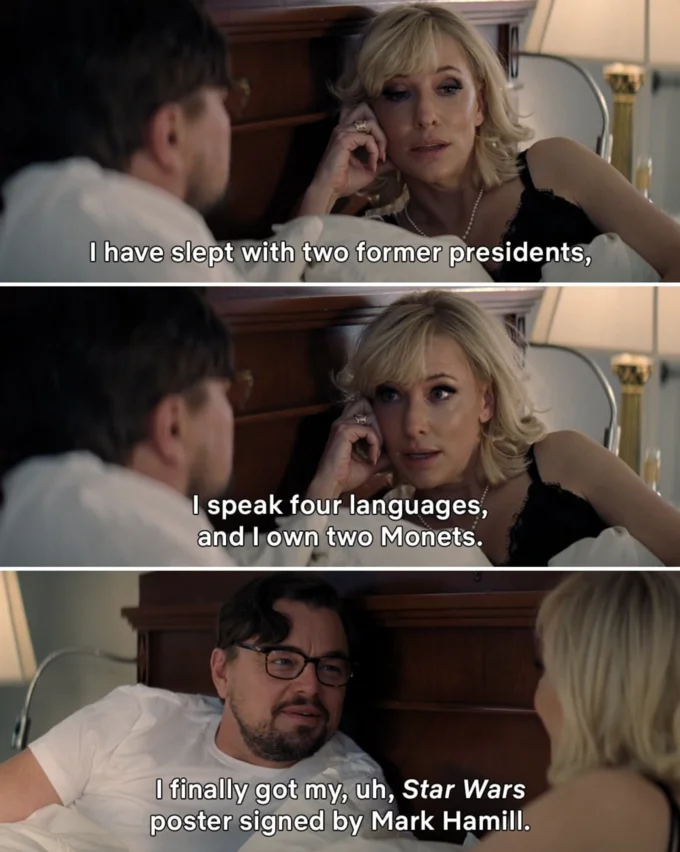 I Have Slept With Two Former Presidents — Three-panel meme with Cate Blanchett boasting about accomplishments and Leonardo DiCaprio responding about a signed