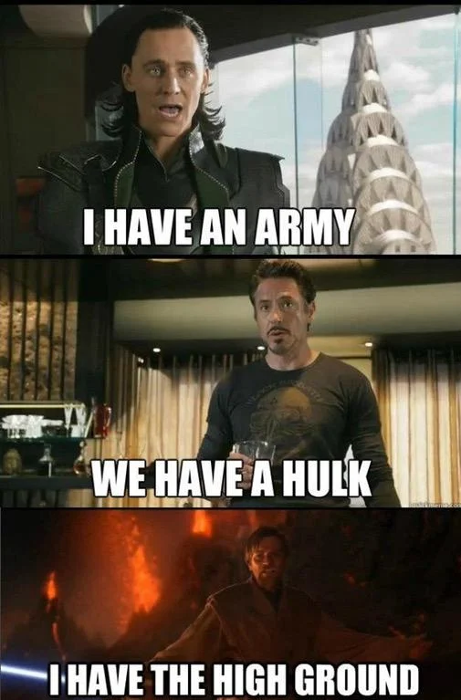 I Have The High Ground — Avengers/Star Wars crossover meme ending with Obi-Wan's high ground line