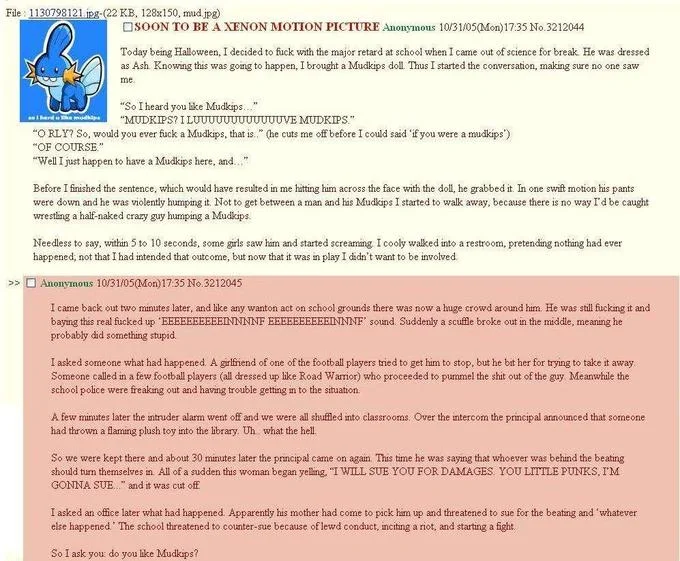 I Herd U Liek Mudkips — 4chan greentext screenshot from 2005 about a Mudkips Halloween prank