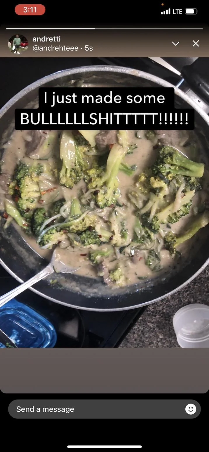 X user @ijustbluemyself posted a screenshot of now-deleted Twitter user @andrehteee's post, showing a sort of broccoli vegetable stew. The text on the post