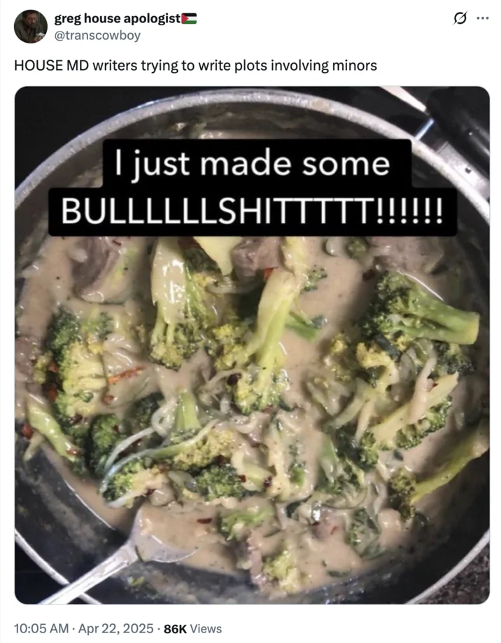 X user @transcowboy reposted the "I Just Made Some BULLLLLLSHITTTTT!!!!!!" image alongside the caption, "HOUSE MD writers trying to write plots involving